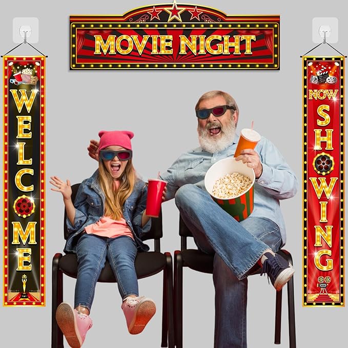 3 Pcs Movie Night Porch Banner Decorations Movie Theme Party Hanging