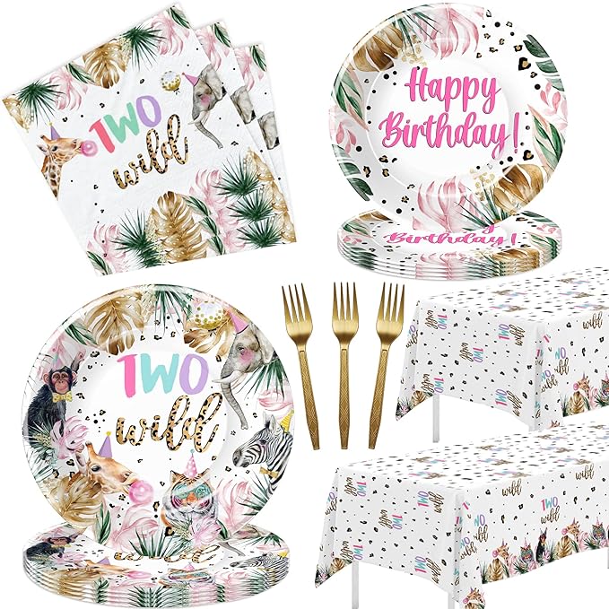 Two Wild Birthday Decorations Girl Tableware Safari Jungle Animal