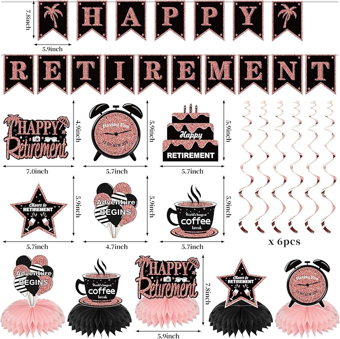 20PCS Happy Retirement Party Decorations Kit for Women Rose Gold