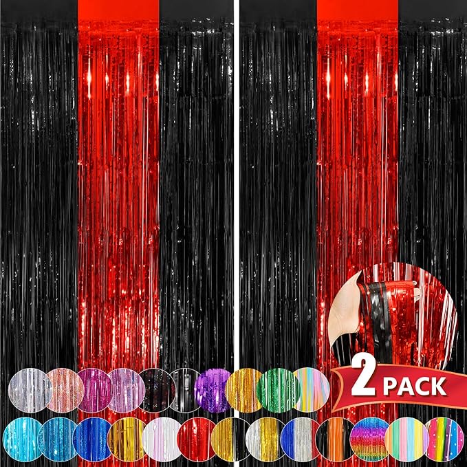 Black Red Tinsel Foil Fringe Curtains, 2 Pack 3.3x8.3 Feet Party
