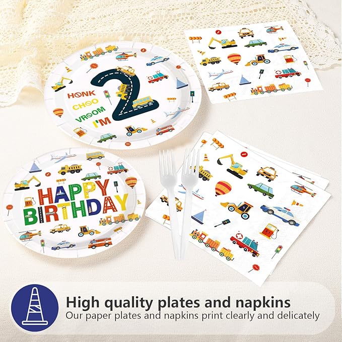 96Pcs 2nd Birthday Cars Party Supplies Transportation Theme Birthday