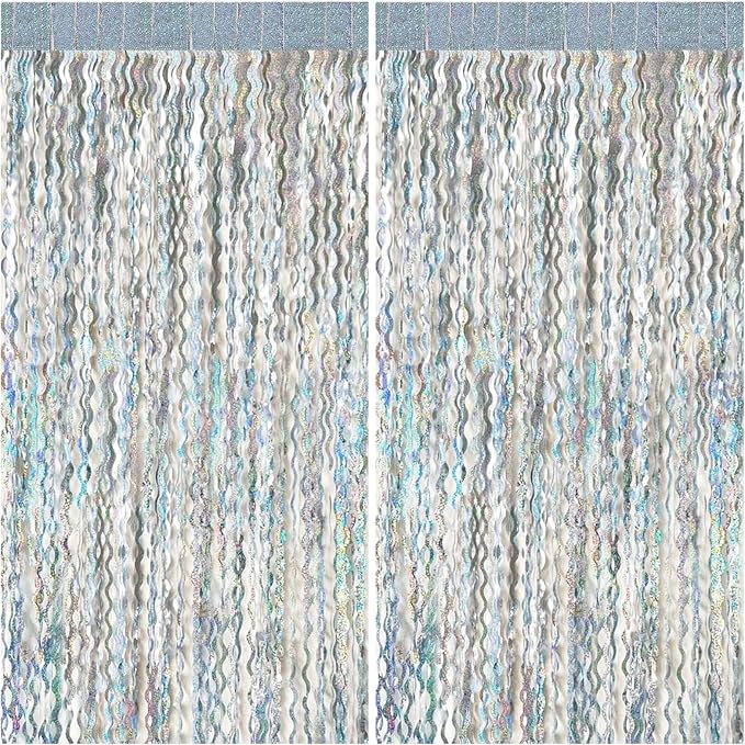 2 Pack Silver Backdrop Curtain Tinsel Streamers Sparkle Metallic Wavy