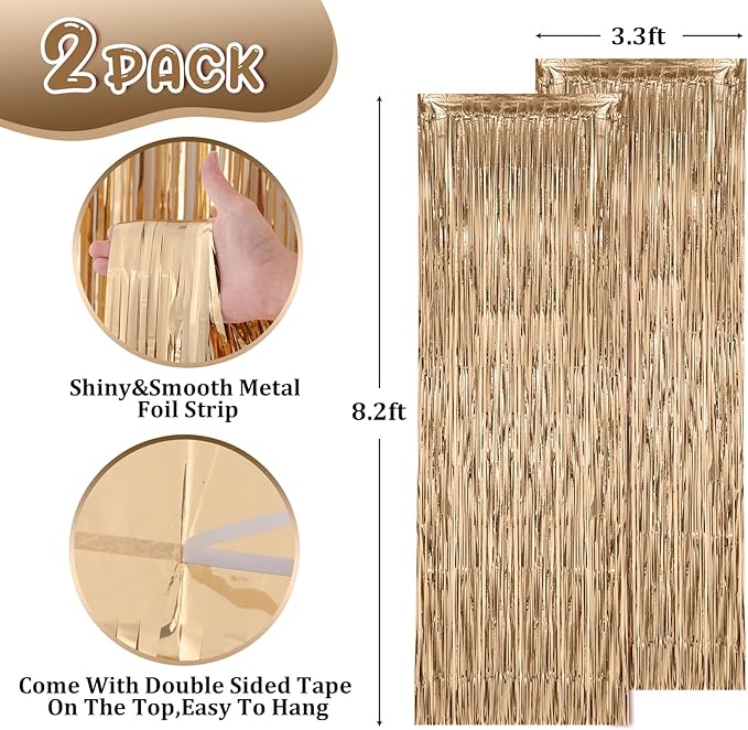 Voircoloria 2 Pack Champagne Foil Fringe Backdrop Curtains, Tinsel