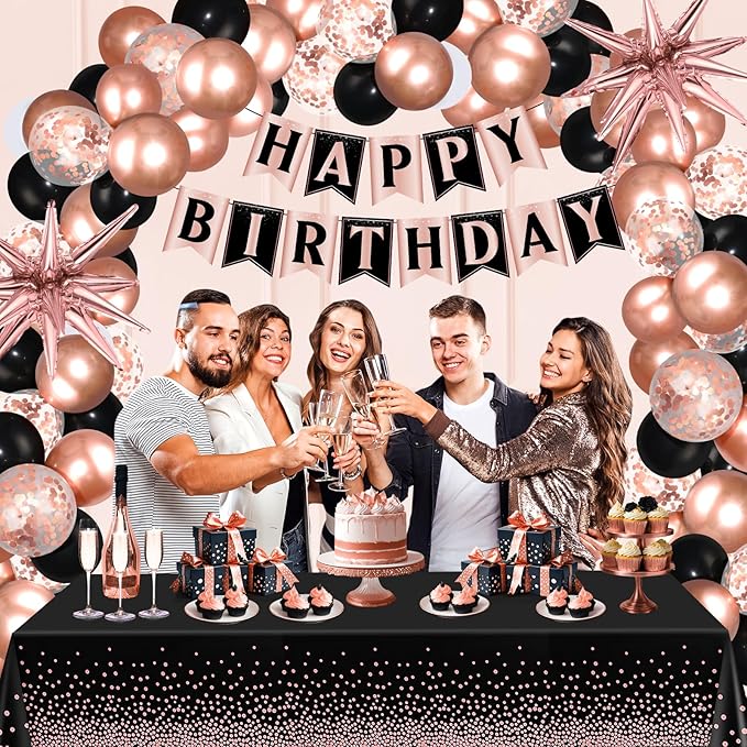 Rose Gold Birthday Party Decorations 63Pcs Rose Gold and Black Happy