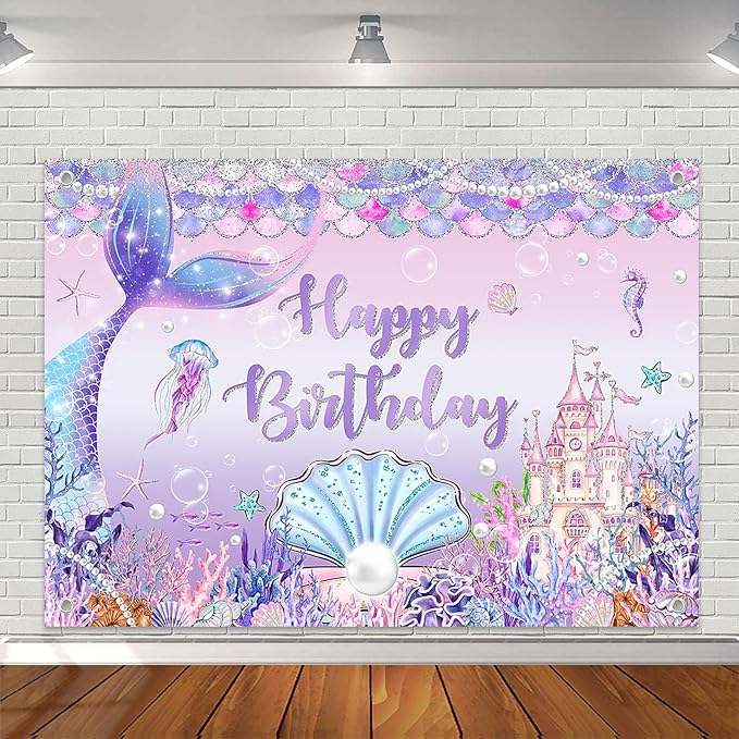 Mermaid Birthday Banner Under The Sea Backdrop for Girls Party