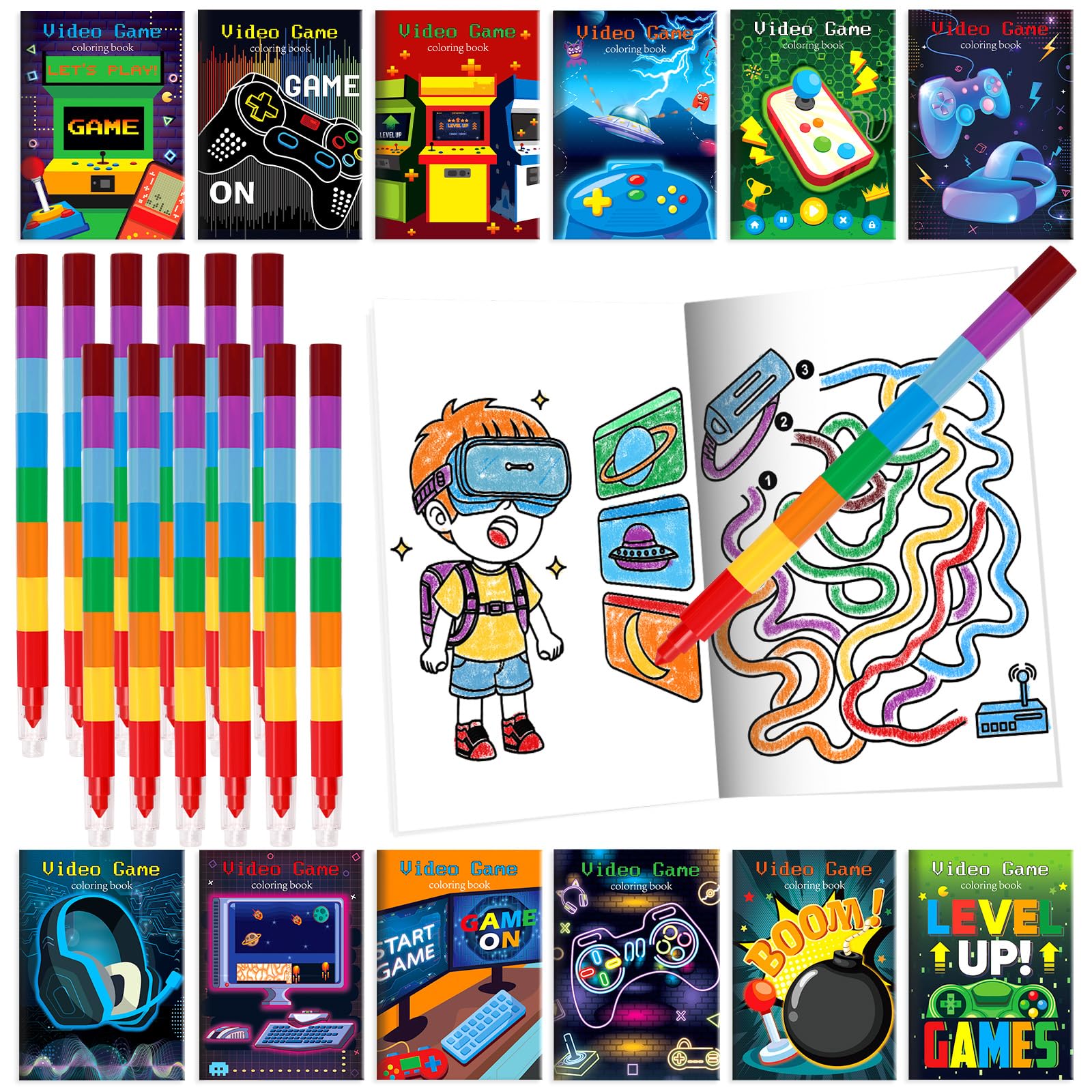 BenLouis 24 Video Game Mini Coloring Books Kids with 24 Stacking
