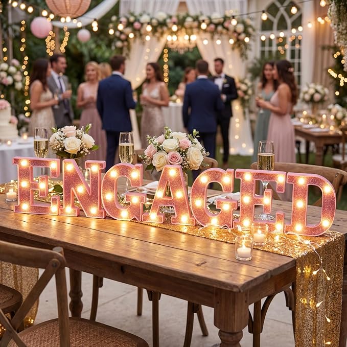 7 Pcs 6.5 Inch Engagement Party Decorations Pink Warm Engaged LED