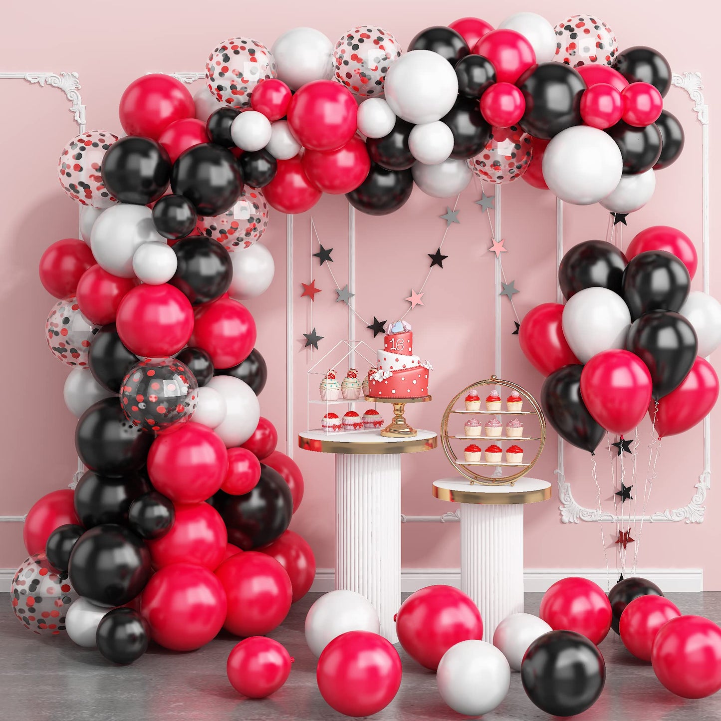 130PCS Red Black White Balloon Garland Arch Kit, 12 10 5 inch Red and