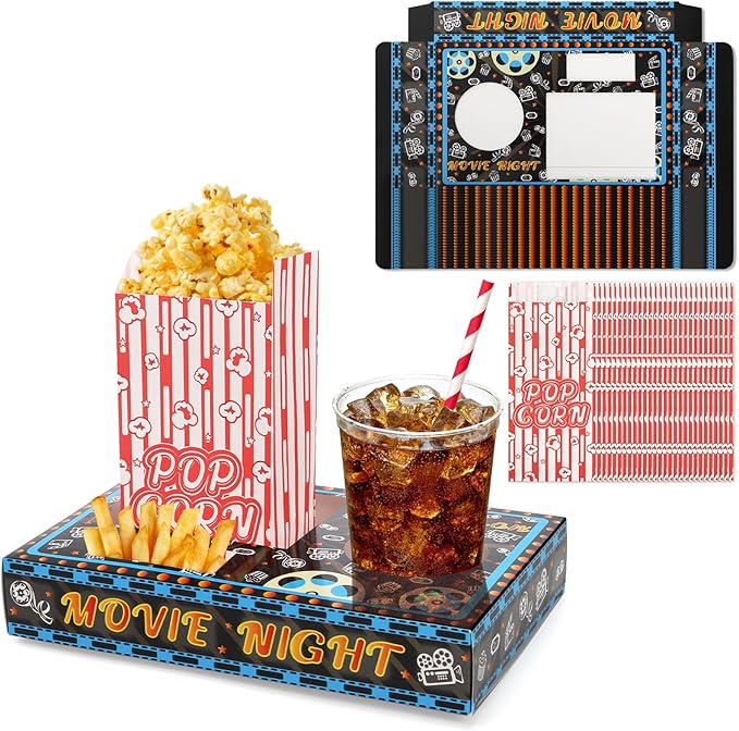 Movie Night Supplies 100 Pcs 50 Movie Snack Trays & 50 Popcorn Bags