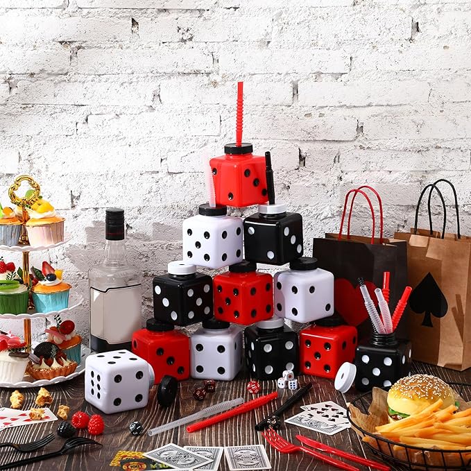 24 Pieces Casino Theme Cups with Straws and Lids 10 oz Plastic Shape