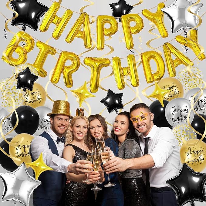 Black Gold Birthday Decorations, 3D Foil Happy Birthday Balloon
