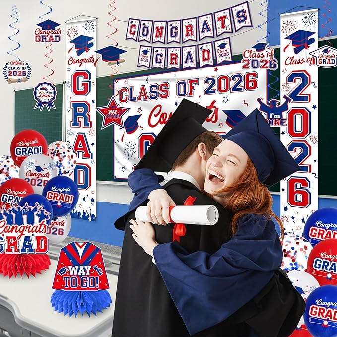 Graduation Decorations 2026 White Blue and Red Graduation Party Decor