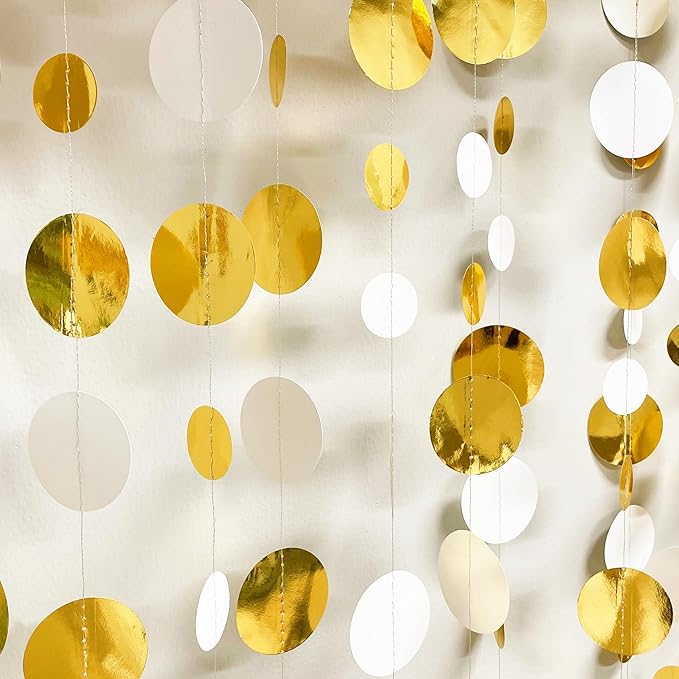 46 Feet White and Gold Circle Dots Garland Hanging Paper Polka Dots