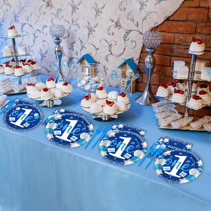 Boy 1st Birthday Party Tableware Set Blue 96 Pcs 24 Guests Paper