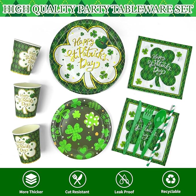194 Pcs St Patricks Day Paper Plates & Napkins Green Shamrock Paper