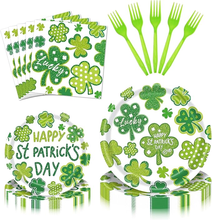 96 Pieces St Patrick's Day Tableware Set Green Shamrock Disposable
