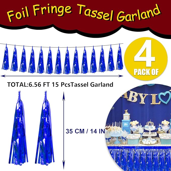 4P Blue Foil Fringe Tassel Banner Garland Metallic Tinsel Streamers