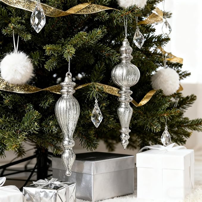 DN DECONATION Mercury Glass Finial Christmas Ornaments, Large Hanging