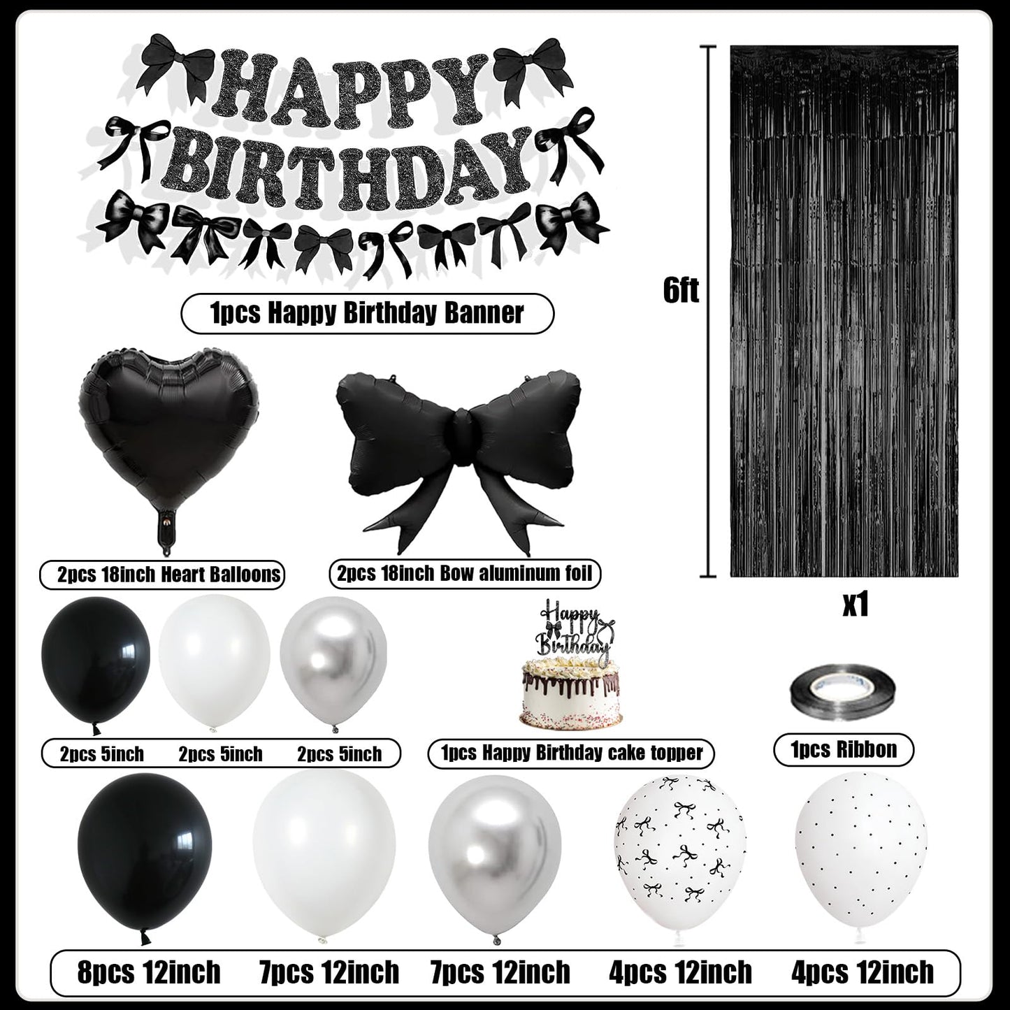 Black Bow Birthday Party Decorations, Coquette Bow Black and White