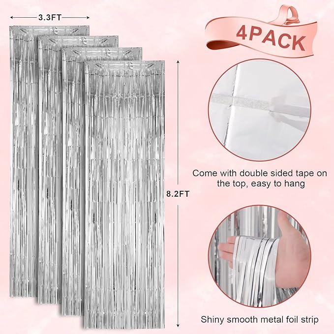 Voircoloria 4 Pack Silver Foil Fringe Backdrop Curtains, Tinsel