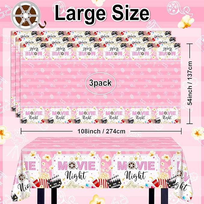 3 pcs Movie Night Decorations Pink Movie Night Tablecloths 108 x 54
