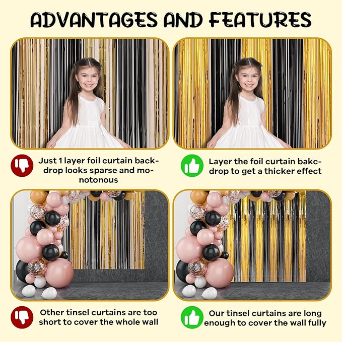 Voircoloria 2 Pack Black and Gold Foil Fringe Backdrop Curtains,