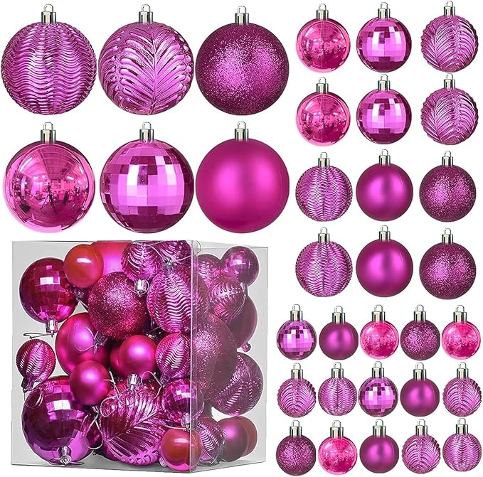 Prextex 36-Pieces Fuchsia Pink Christmas Ornaments Set -