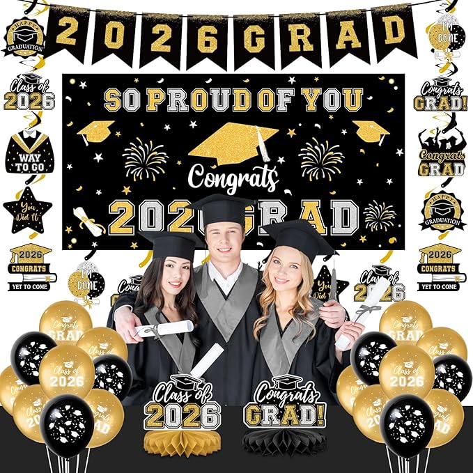 Graduation Decorations 2026 Black Gold Themed Grad Party Decor Set