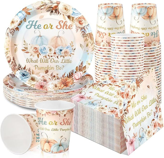 200 Pcs Fall Pumpkin Gender Reveal Baby Shower Paper Plates Napkins