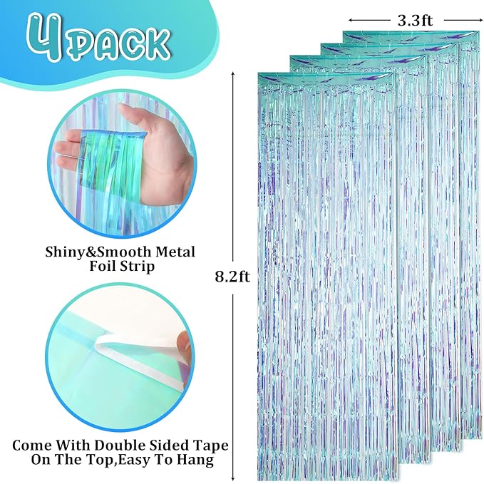 Voircoloria 4 Pack 3.3x8.2 Feet Neon Iridescent Foil Fringe Backdrop