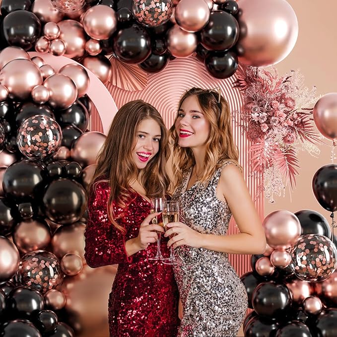 132pcs Rose Gold and Black Balloon Arch Kit, Metallic Rose Gold and