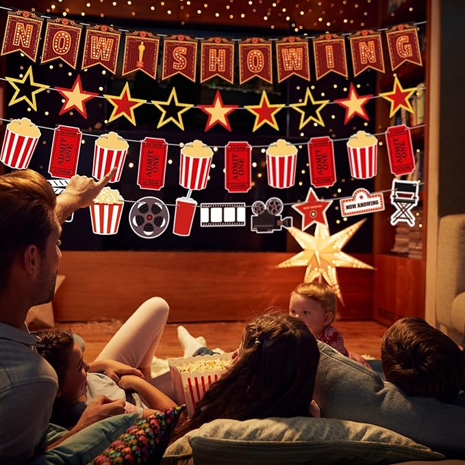 5 Pcs Movie Night Party Decorations Now Showing Banner Hanging Movie