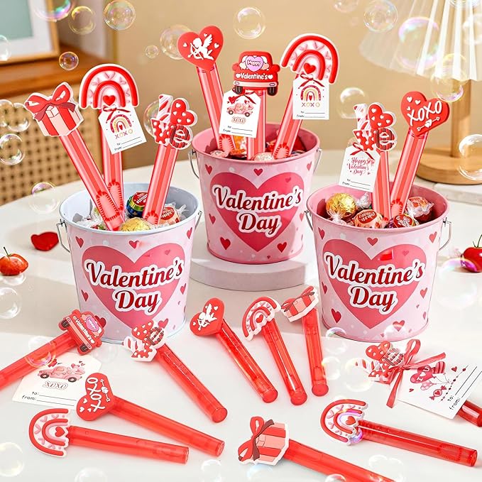 Valentines Party Favors for Kids Mini Bubble Wands Bulk with Card 24