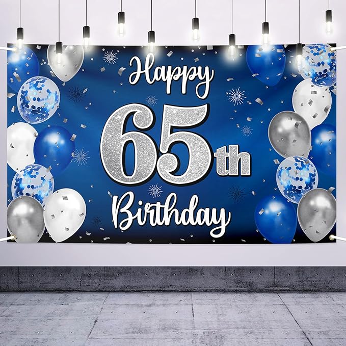 Happy 65th Birthday Decorations 65th Blue & Silver Balloon Large