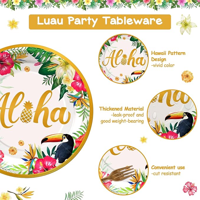 Golden Tropical Luau Party Tableware Supplies 168PCS Hawaiian Plates