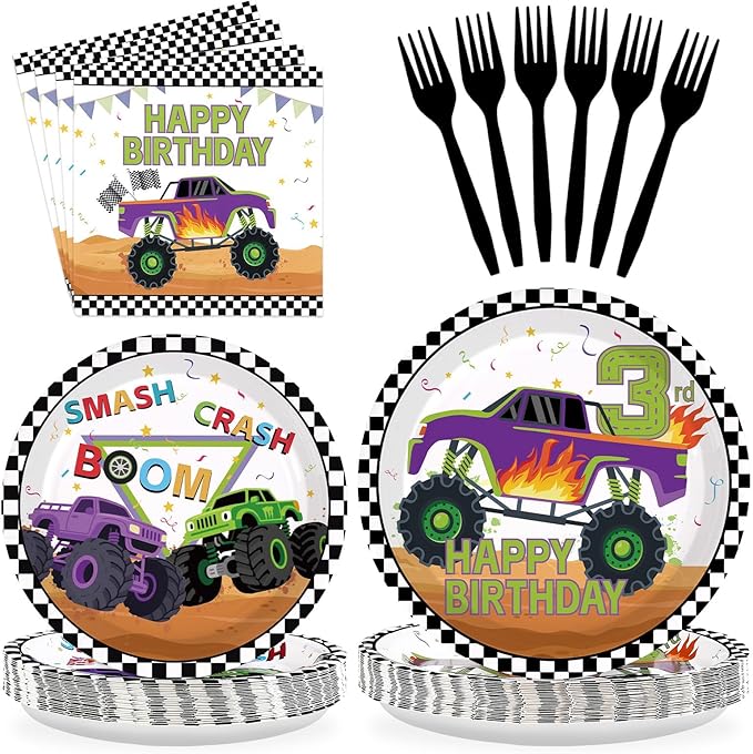 96 Pcs Monster Theme Truck 3rd Birthday Party Supplies Green Purple