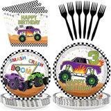 96 Pcs Monster Theme Truck 3rd Birthday Party Supplies Green Purple