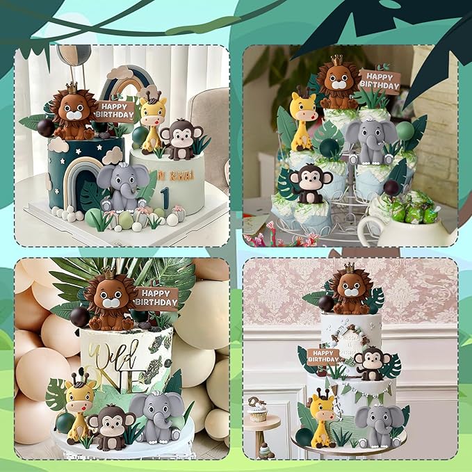 19pcs Safari Animal Cake Topper Jungle Wild Cake Toppers with Leaves