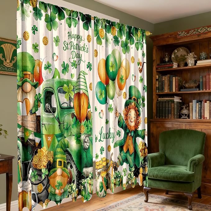 2 Pcs St Patrick's Day Curtains for Living Room Green Shamrock Truck