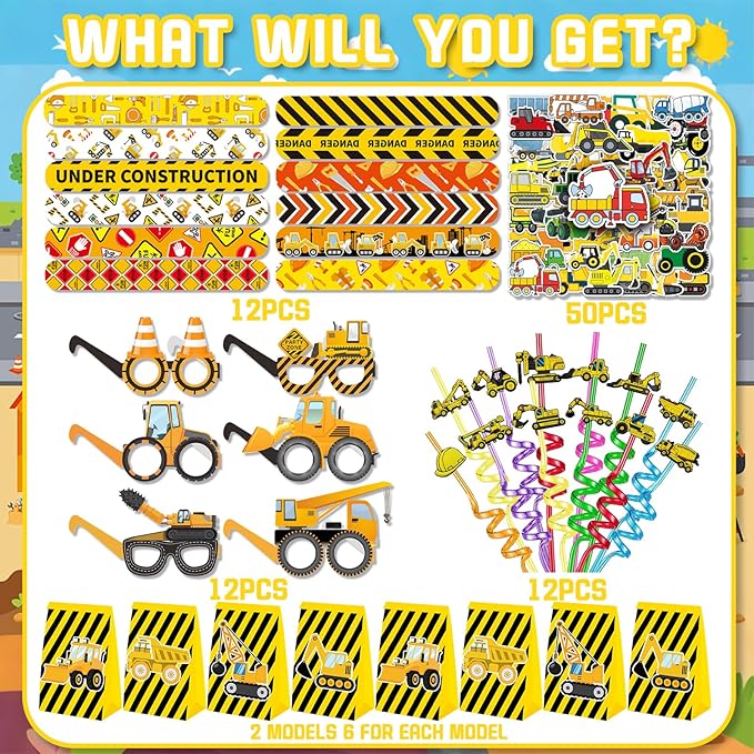 98pcs Construction Party Supplies Reusable Drinking straws Masks