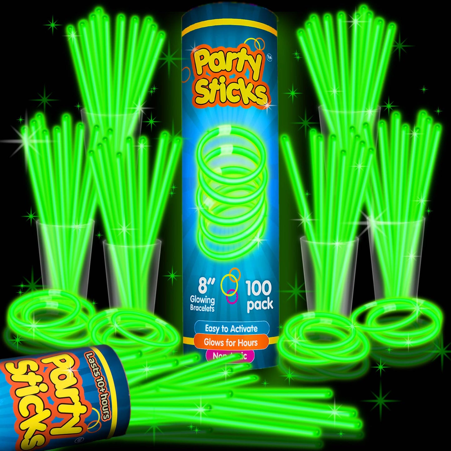 PartySticks Green Glow Sticks - 100pk, 8 Inch Glow in the Dark Light