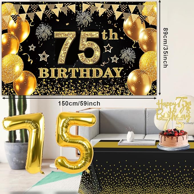 75th Birthday Decorations Men Women with 75th Birthday Banner Black
