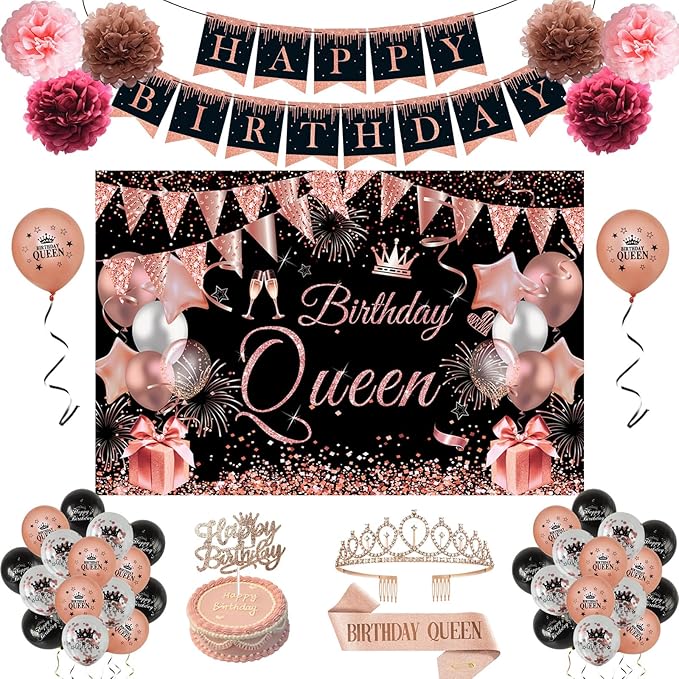 Happy Birthday Decorations for Women Girls Black Rose Gold Birthday