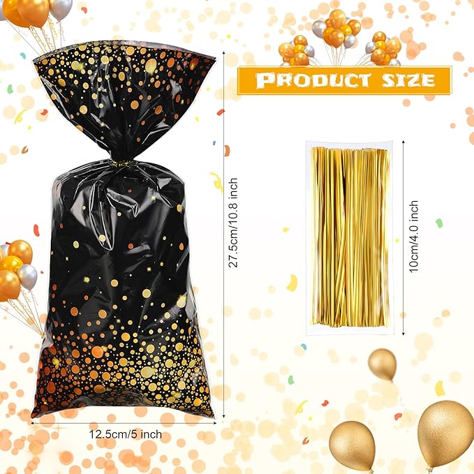 Censen 100 Pieces Graduation Cellophane Treat Bags Black and Gold