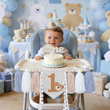 Bear First Birthday Blue High Chair Banner Decorations Baby Boy With