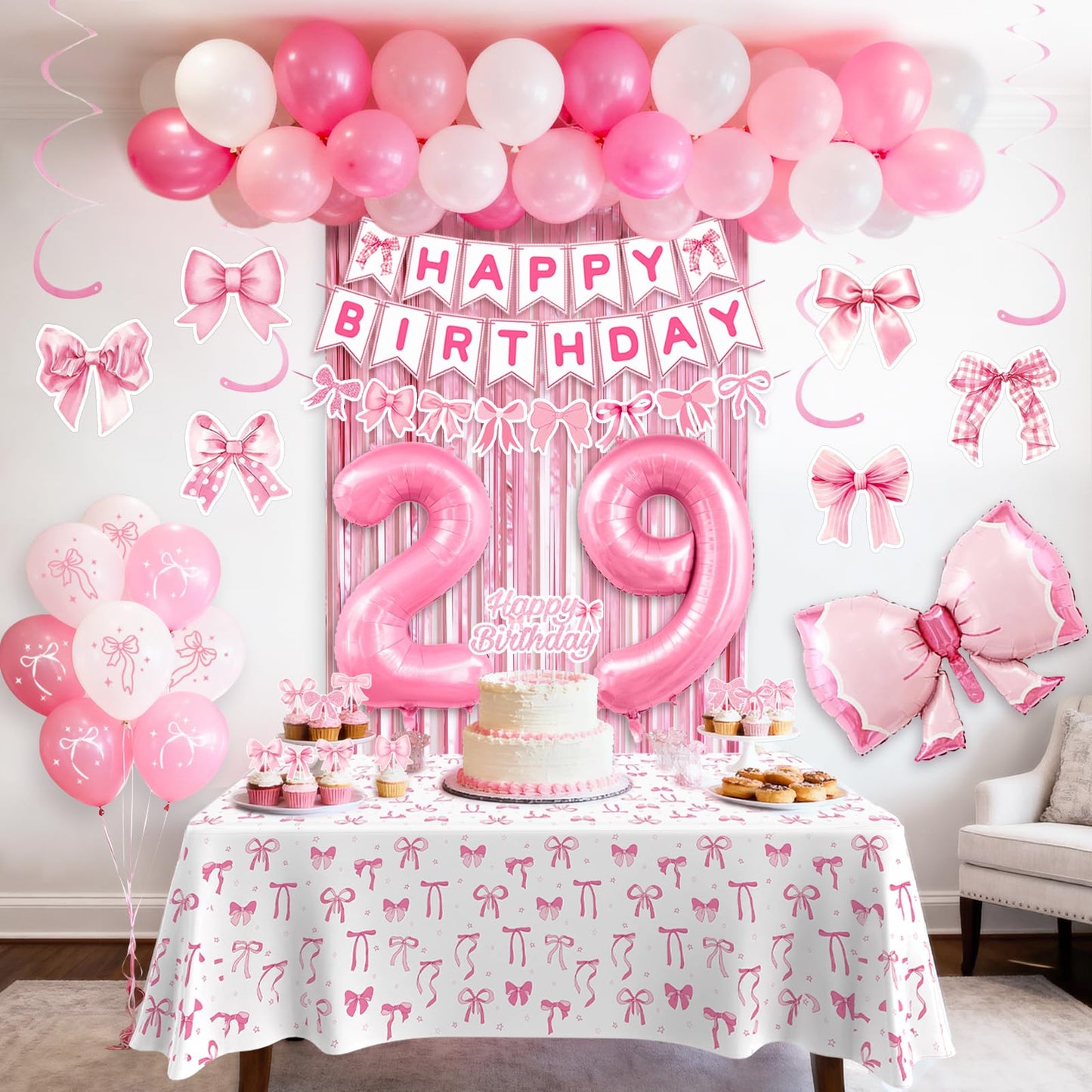 29th Pink Birthday Decorations for Women, Pink Bow Coquette Birthday