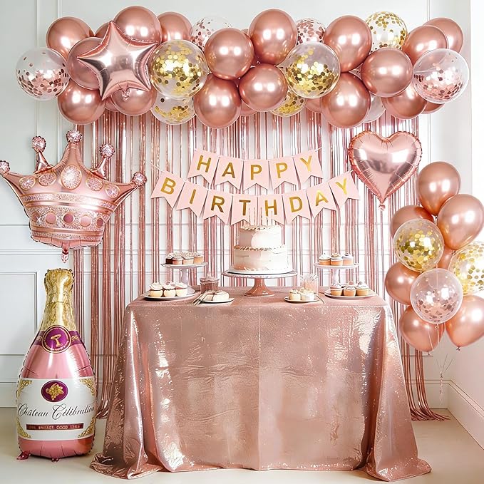 Rose Gold Birthday Decorations for Women, Happy Birthday Banner,