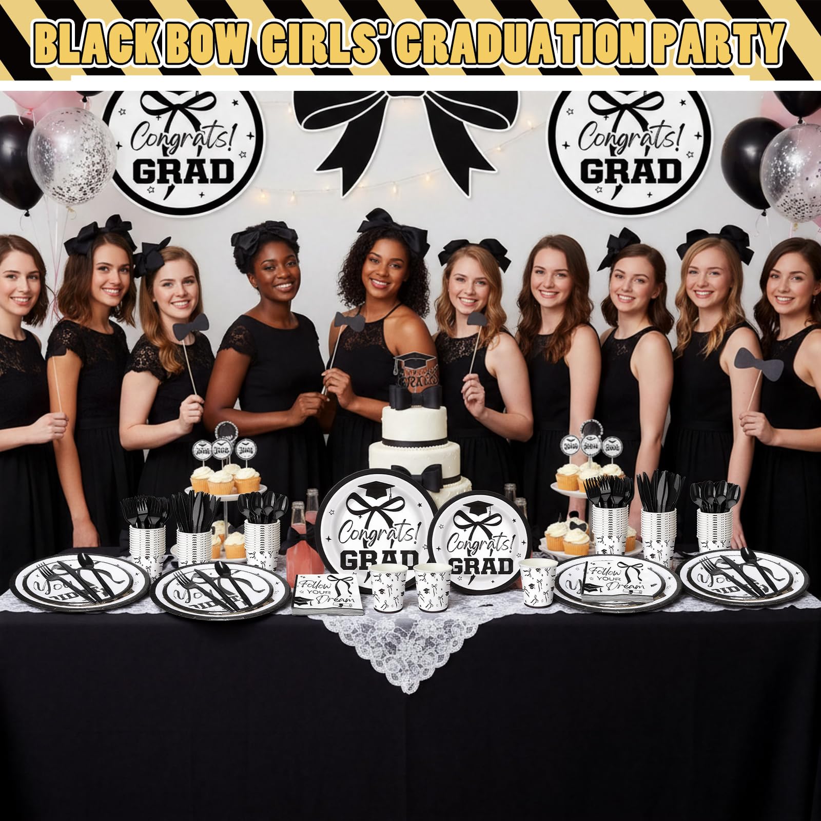 Sunnychicc 168 Pcs Black Bow 2026 Graduation Party Supplies Black