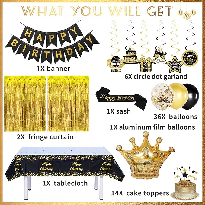 Black and Gold Birthday Decorations for Men Women