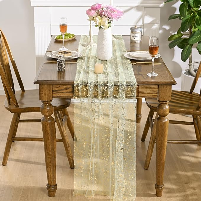 Artoid Mode 10PCS Sage Green Gold Gauze Table Runner 120 Inch 10FT,